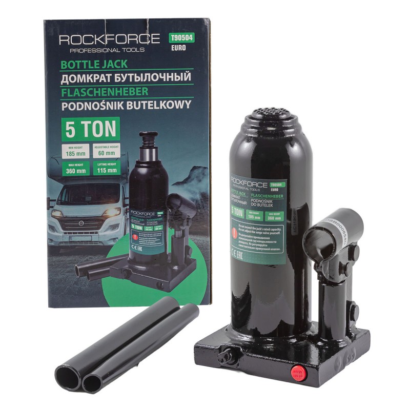Домкрат пляшковий 5т (185-360мм) з клапаном ROCKFORCE RF-T90504