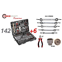 Набор инструментов 142+6 предметов 1/4''3/8''1/2''(6-гран.)(4-36мм, 27,30,32,36-12гр.)+(ключи трещоточные:8х10,12х13,14х15,16х17,18х19мм, бокорезы-7'') FORCEKRAFT FK-41421-5 PREMIUM