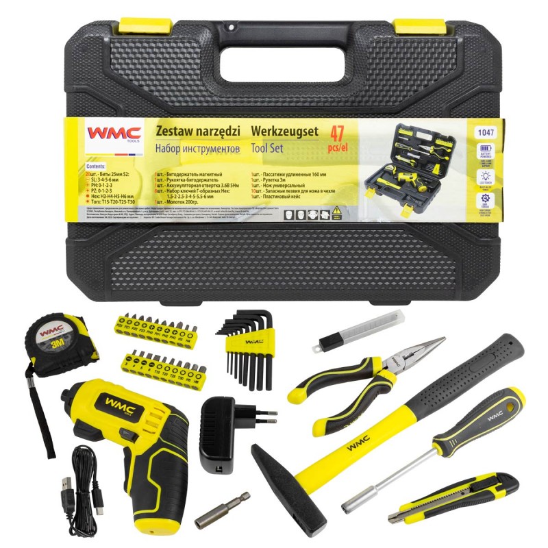 Аккумуляторная отвертка с набором инструментов 47 предметов WMC TOOLS 1047