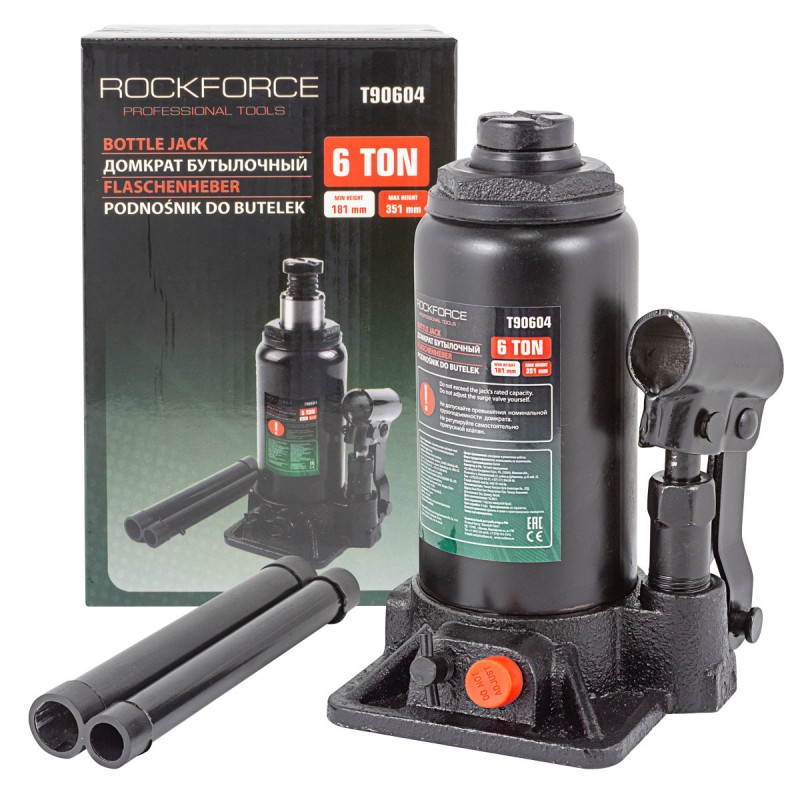Домкрат пляшковий 6т (181-351мм) з клапаном RockForce RF-T90604(DS)