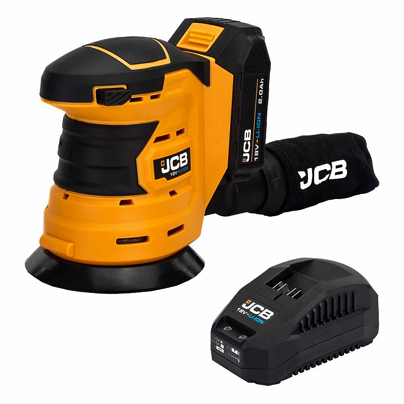 Аккумуляторная эксцентриковая шлифмашина JCB 18V (125 мм) с батареей 2.0 Ач и быстрым зарядным устройством JCB-18OS-2XB-E