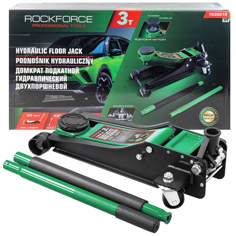 Домкрат 3 т (85–430 мм) подкатной гидравлический двухпоршневой ROCKFORCE RF-T830018 HT