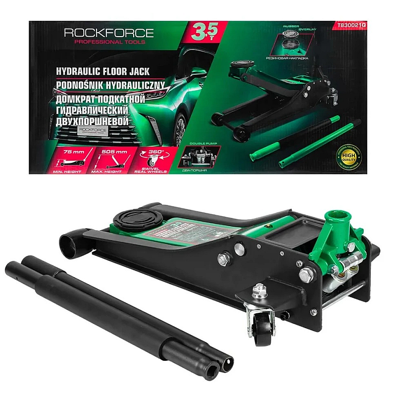 Домкрат підкатний 3.5т (75-505мм) гідравлічний двопоршневий ROCKFORCE RF-T830021Q