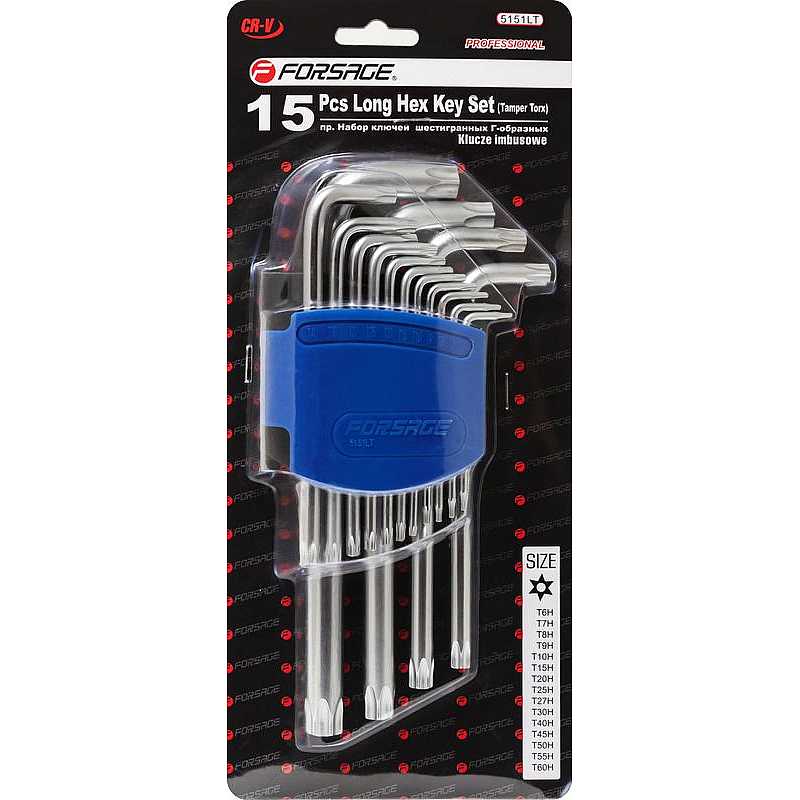 Набір ключів Г-подібних TORX довгих, 15пр. (Т6Н, T7H, T8H, T9H, Т10Н, Т15Н, Т20Н, Т25Н, Т27Н, Т30Н,