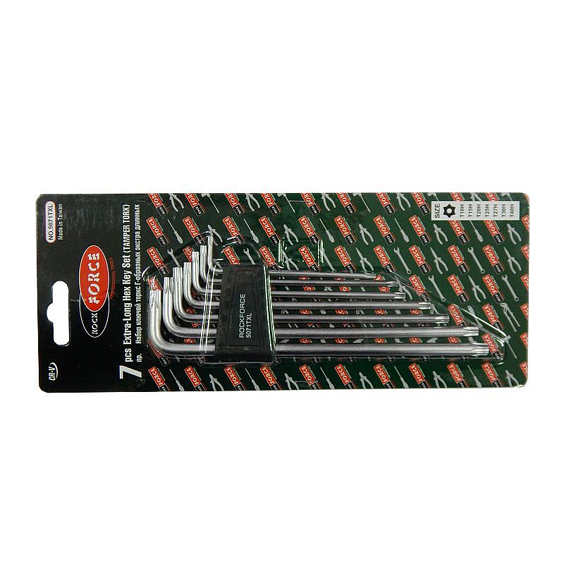 Набор ключей TORX Г-образных экстра длинных, 7 предметов (Т10Н,Т15Н,Т20Н,Т25Н,Т27Н,Т30Н,Т40Н-с отверстием) в пластиковом держателе ROCKFORCE RF-5071TXL