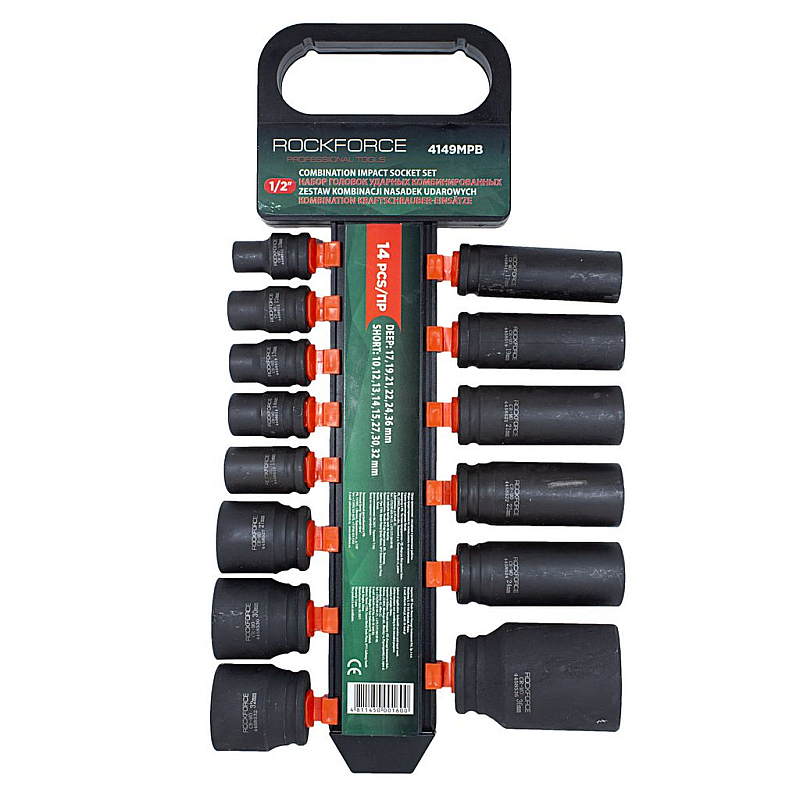 Набор ударных головок комбинированный 14 пр., 1/2" (короткие: 10, 12–15, 27, 30, 32 мм; глубокие: 17, 19, 21, 22, 24 мм) Rock FORCE RF-4149MPB