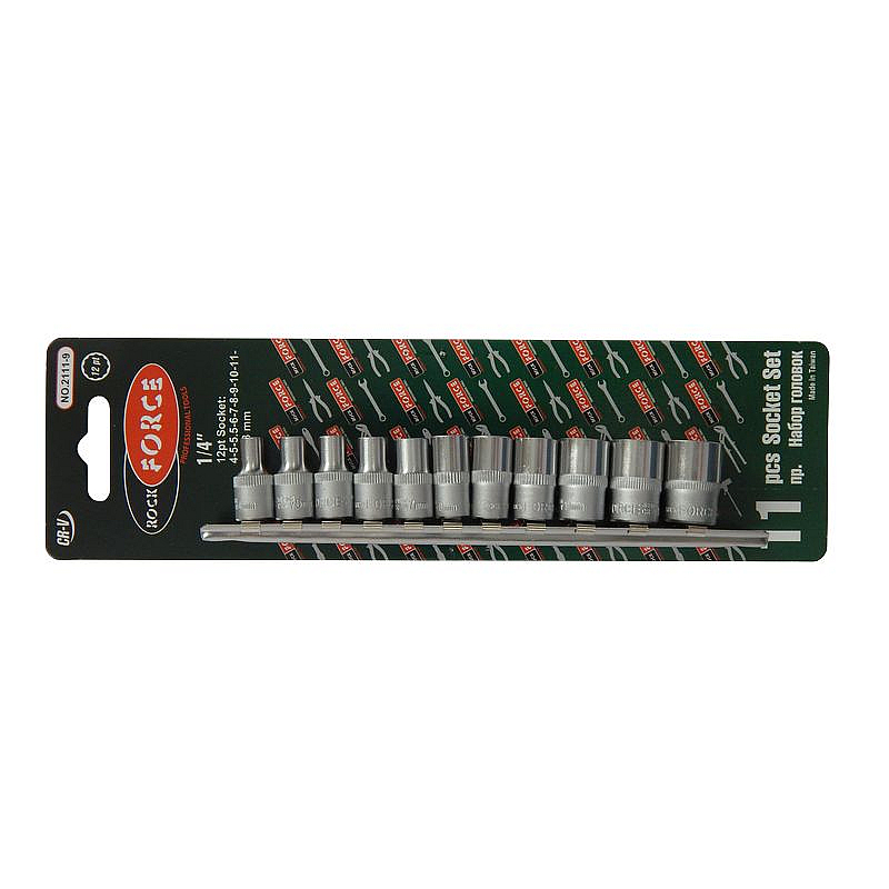 Набор головок 11 предметов 1/4" 12гр.(4,5,5.5,6-13мм) на планке ROCKFORCE RF-2111-9
