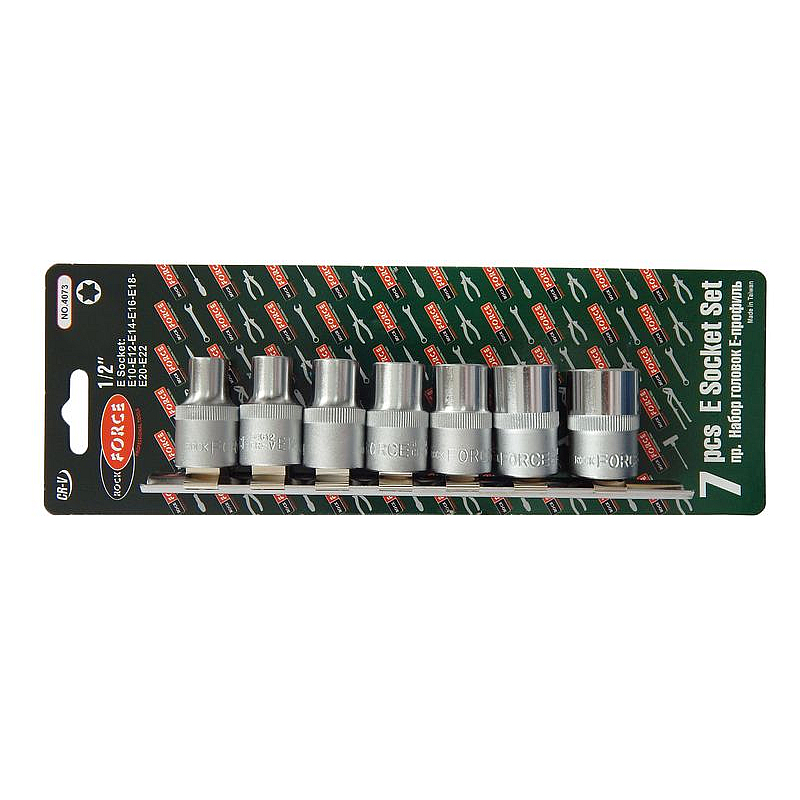 Набор головок Е-профиль 7 предметов 1/2" (E10,E12,E14,E16,E18,E20,E22), на планке ROCKFORCE RF-4073