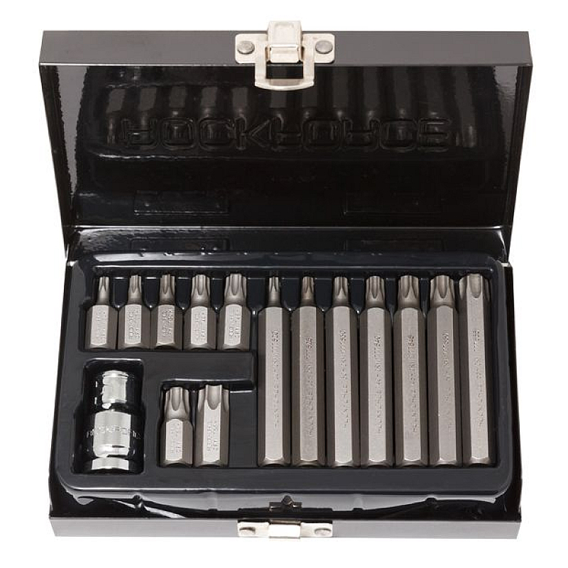 Набор бит TORX с отверстием и битодержателем,15 предметов 1/2"(L: 30/75мм; Т20,Т25,Т30,Т40,Т45,Т50,Т55), в металлическом кейсе ROCKFORCE RF-4156TH
