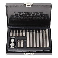 Набор бит TORX с отверстием и битодержателем,15 предметов 1/2"(L:30/75мм; Т20,Т25,Т30,Т40,Т45,Т50,Т55), в металлическом кейсе Forsage F-4156TH
