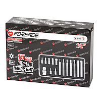Набор бит TORX с отверстием и битодержателем,15 предметов 1/2"(L:30/75мм; Т20,Т25,Т30,Т40,Т45,Т50,Т55), в металлическом кейсе Forsage F-4156TH