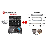 Набор инструментов 125+6 предметов 1/4" 1/2"(6-гран.)(4-36мм,36-12гр.)+(ключи трещоточные:8х10,12х13мм; ключи резрезные:8х10,9х11,12х13мм) Forsage F-41251-5 PREMIUM