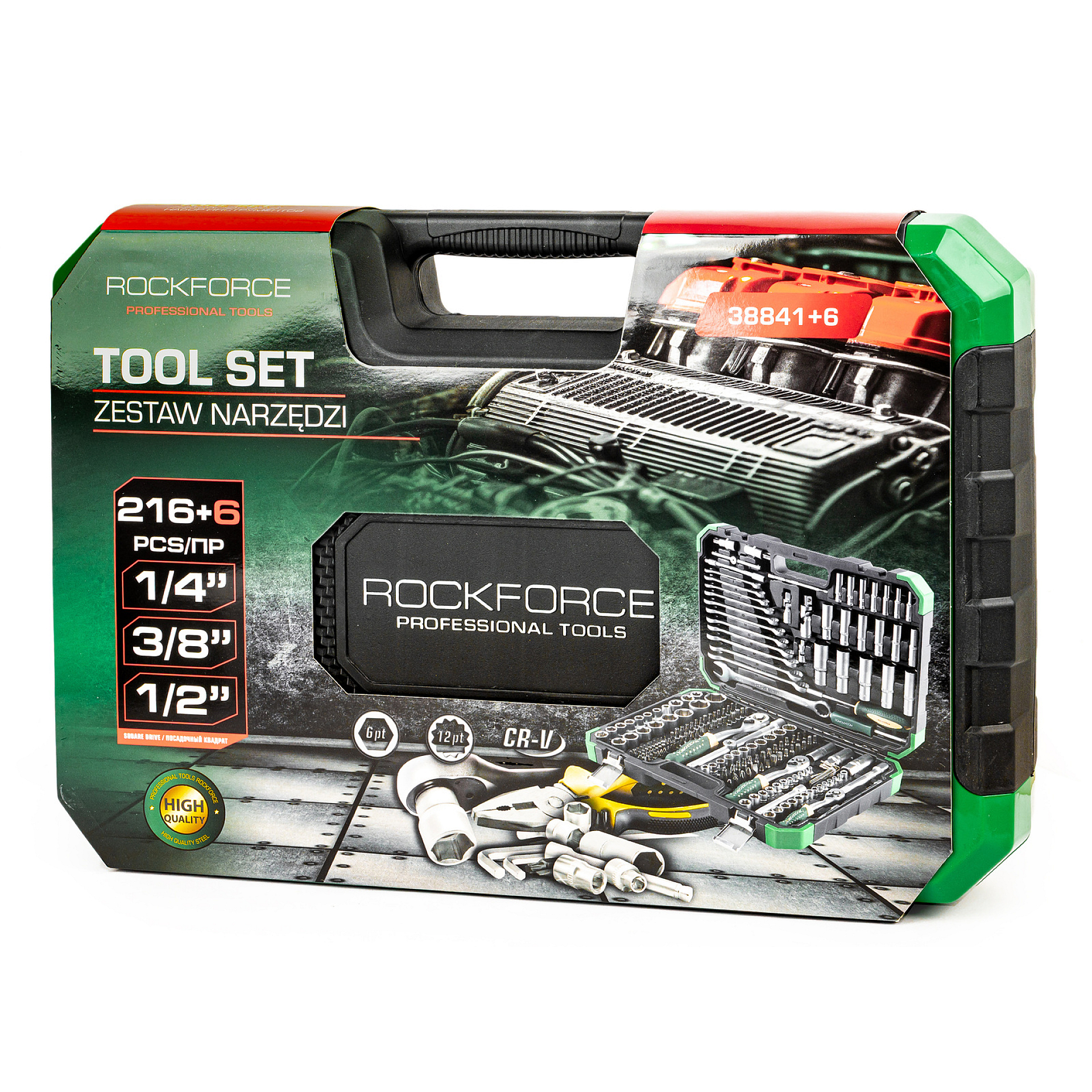 Набір інструментів 216+6пр. 1/4" 3/8" 1/2" (6гр,12гр) Rockforce RF-38841+6